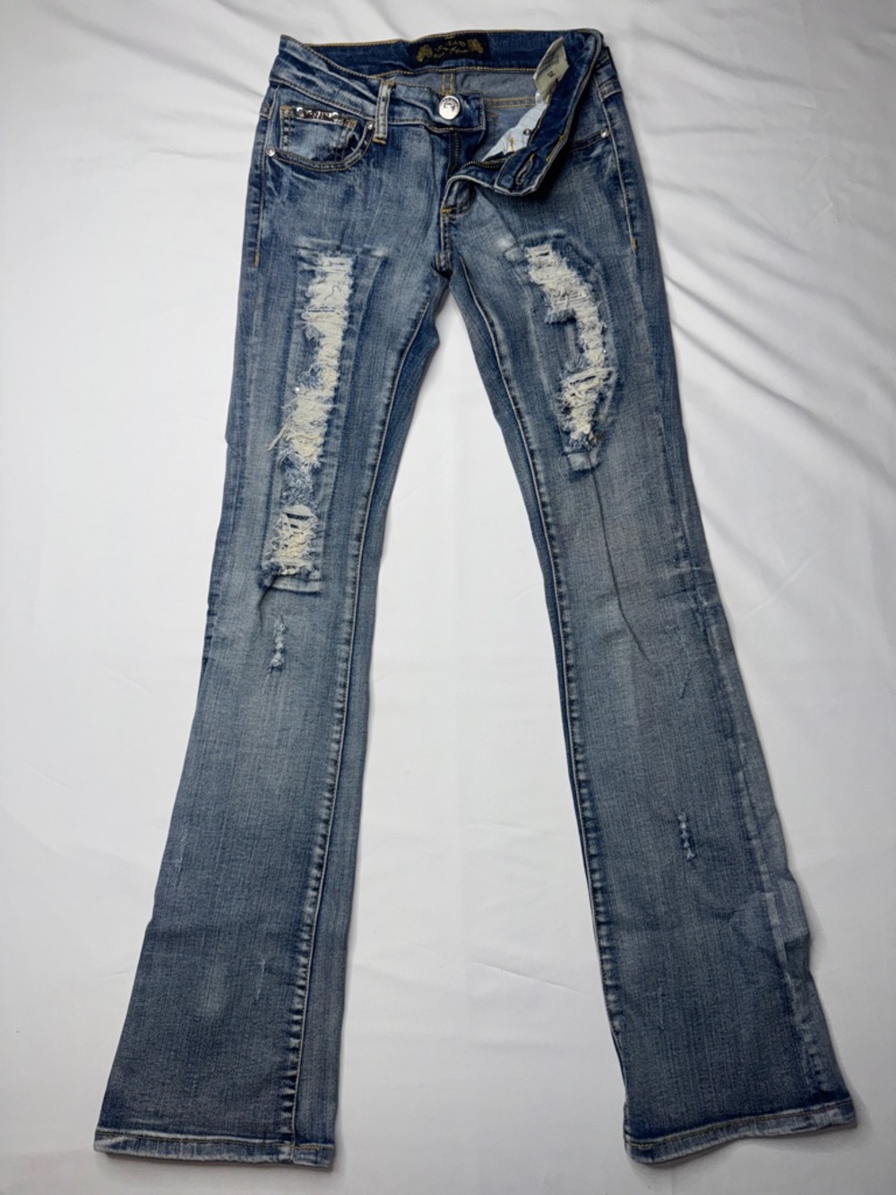 Virgin Only Y2K Low Rise Bootcut Flare Distressed Rhinestone Jeans Sz 25 - Picture 2 of 9